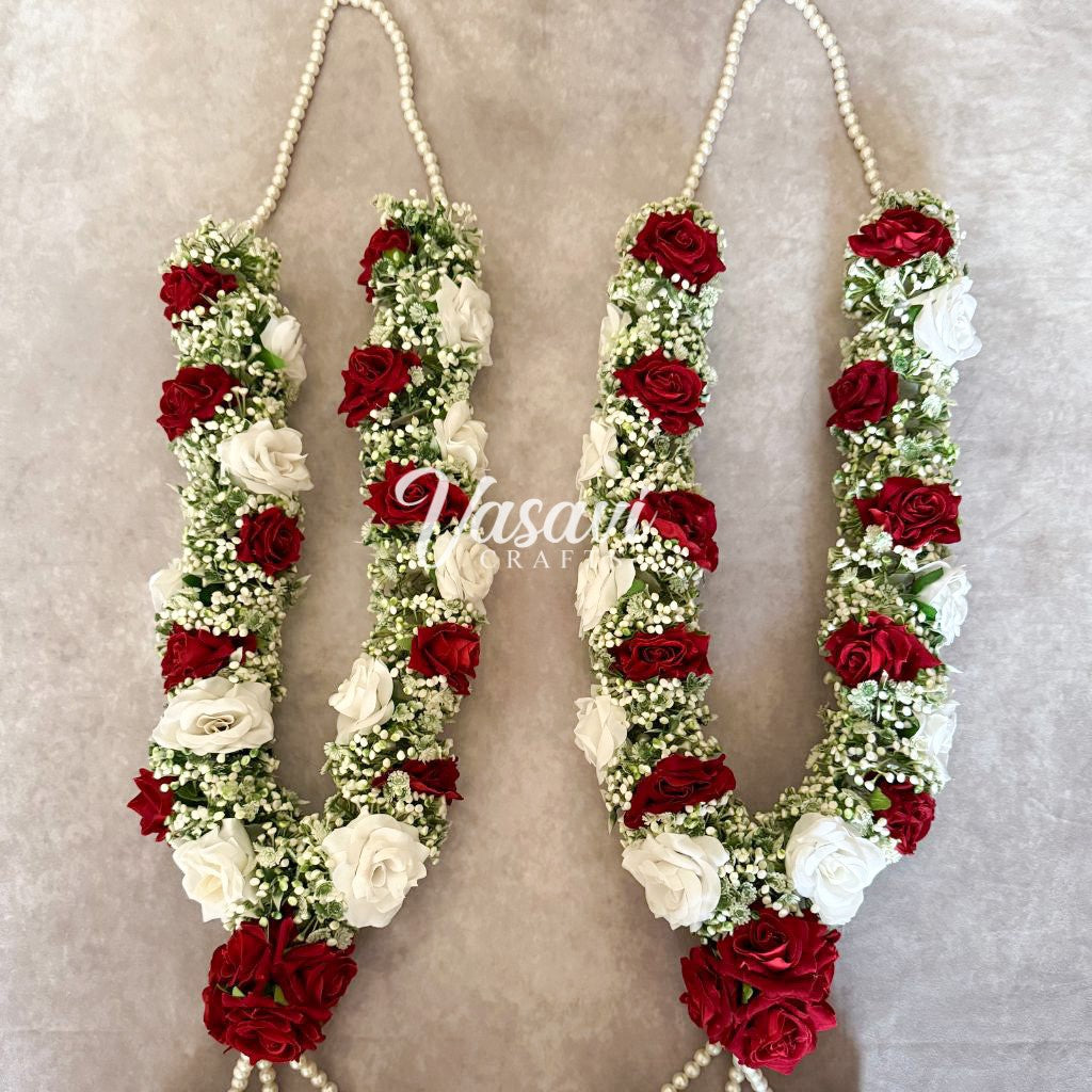 Baby's Breath Flower Varmala with Maroon and White Roses