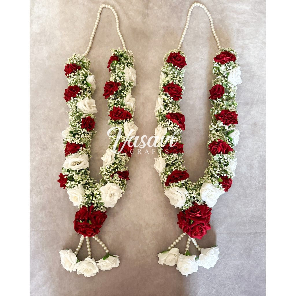 Baby's Breath Flower Varmala with Maroon and White Roses