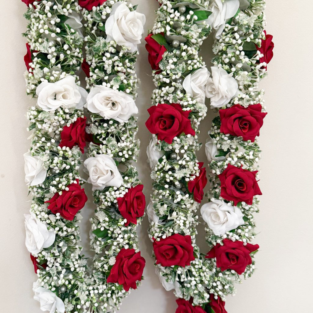 Baby's Breath Flower Varmala with Maroon and White Roses