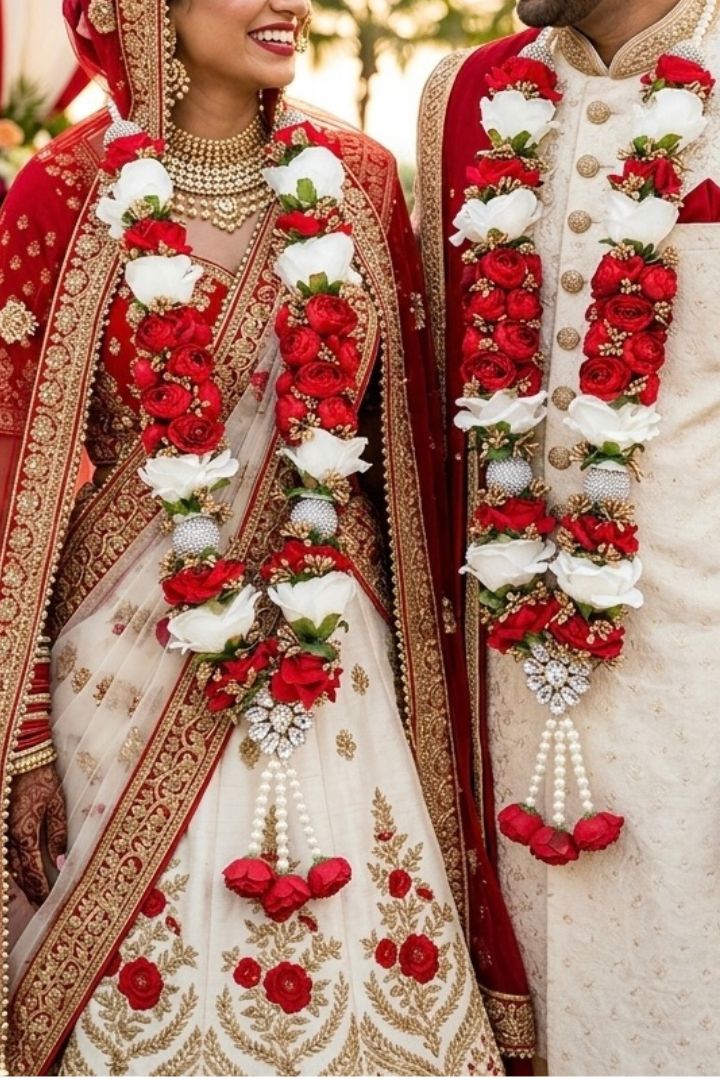 Red, White Roses Flower Wedding Varmala with Silver Balls