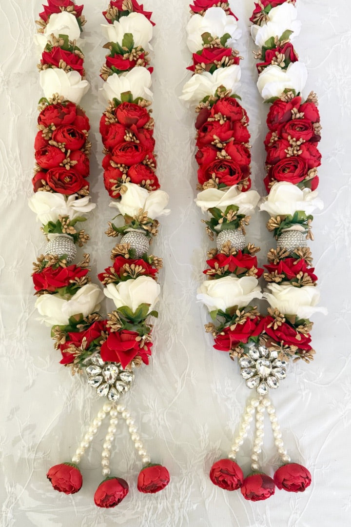 Red, White Roses Flower Wedding Varmala with Silver Balls