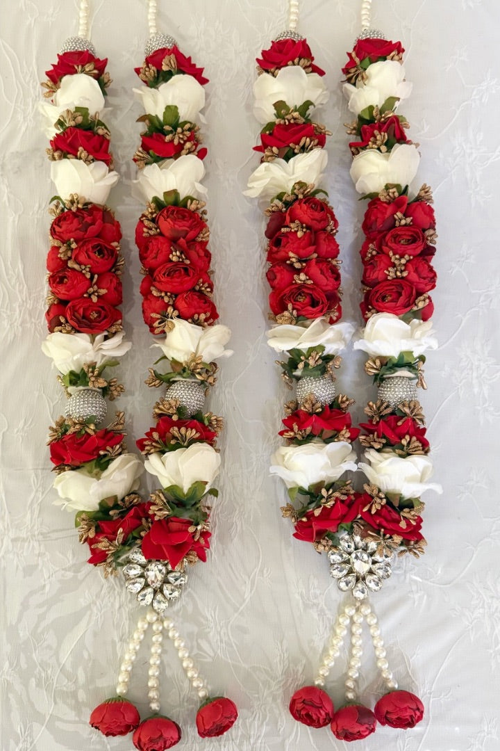 Red, White Roses Flower Wedding Varmala with Silver Balls