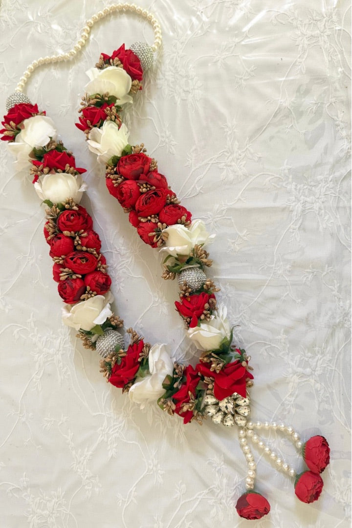 Red, White Roses Flower Wedding Varmala with Silver Balls