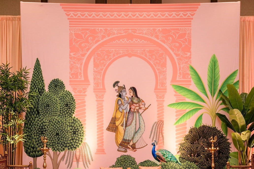 Custom Made Radha Krishna Peacock Backdrop for Indian Weddings/Puja Ceremony