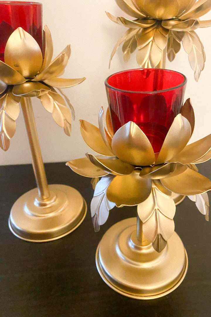 Set of 3 Lotus Tea light Candle Holders with Red Glass