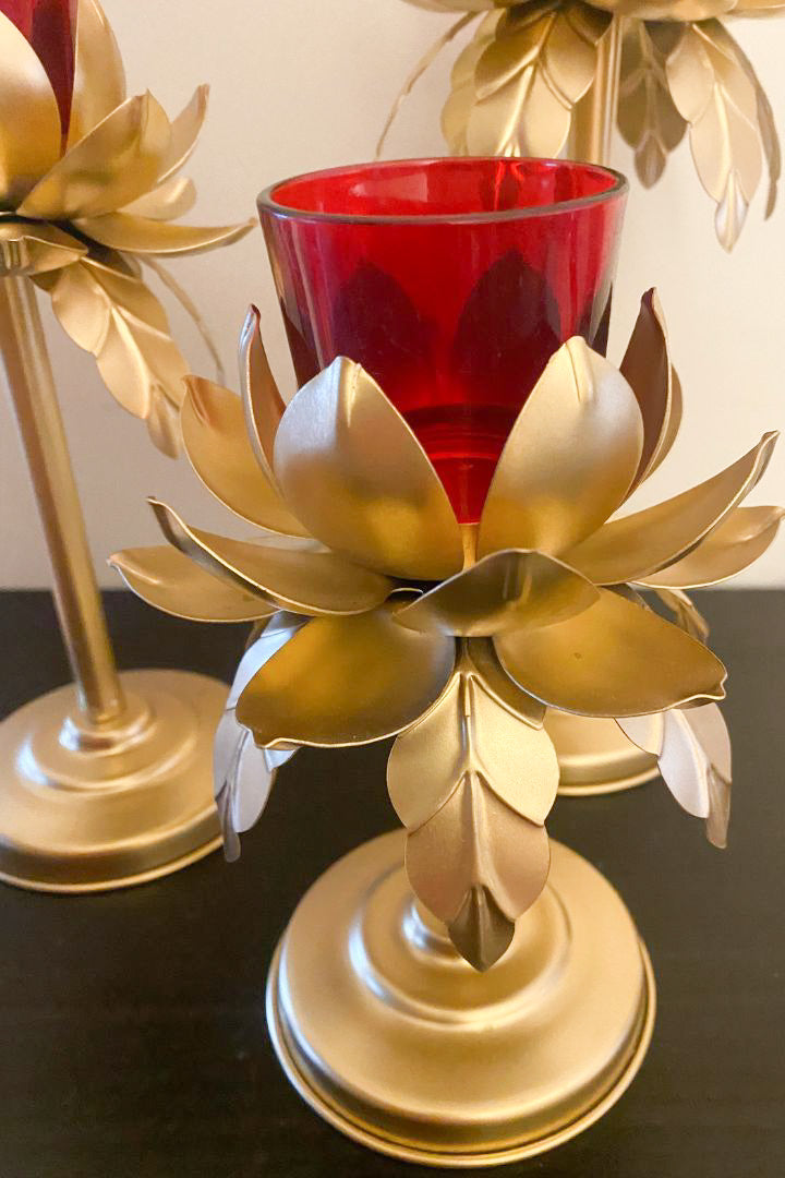 Set of 3 Lotus Tea light Candle Holders with Red Glass