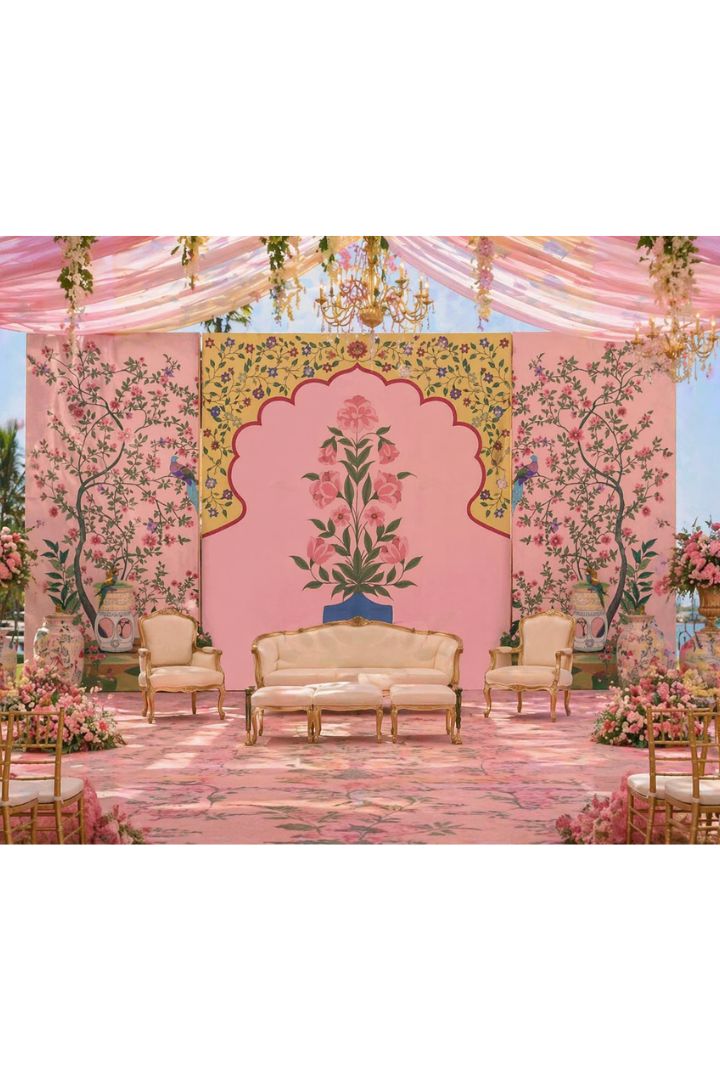 Custom Made Pink Printed Backdrop for Indian Weddings, Mehndi Ceremony