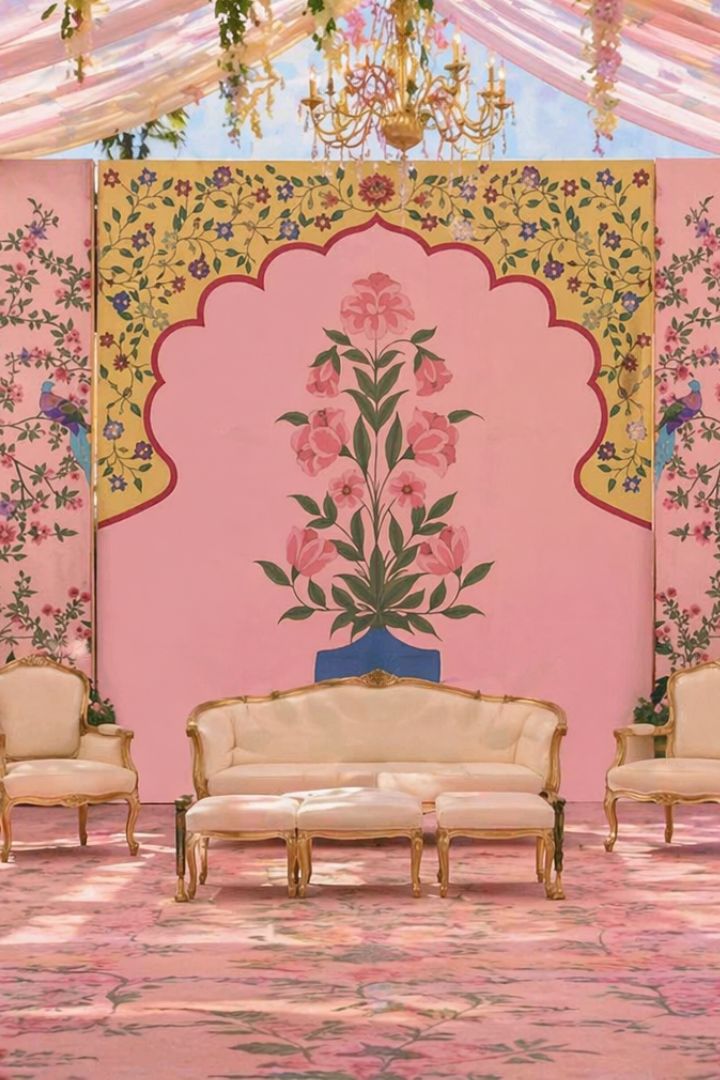 Custom Made Pink Printed Backdrop for Indian Weddings, Mehndi Ceremony