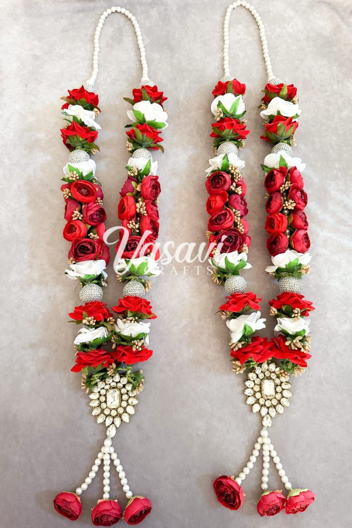 Red Peony, Red and White Rose Flowers Varmala