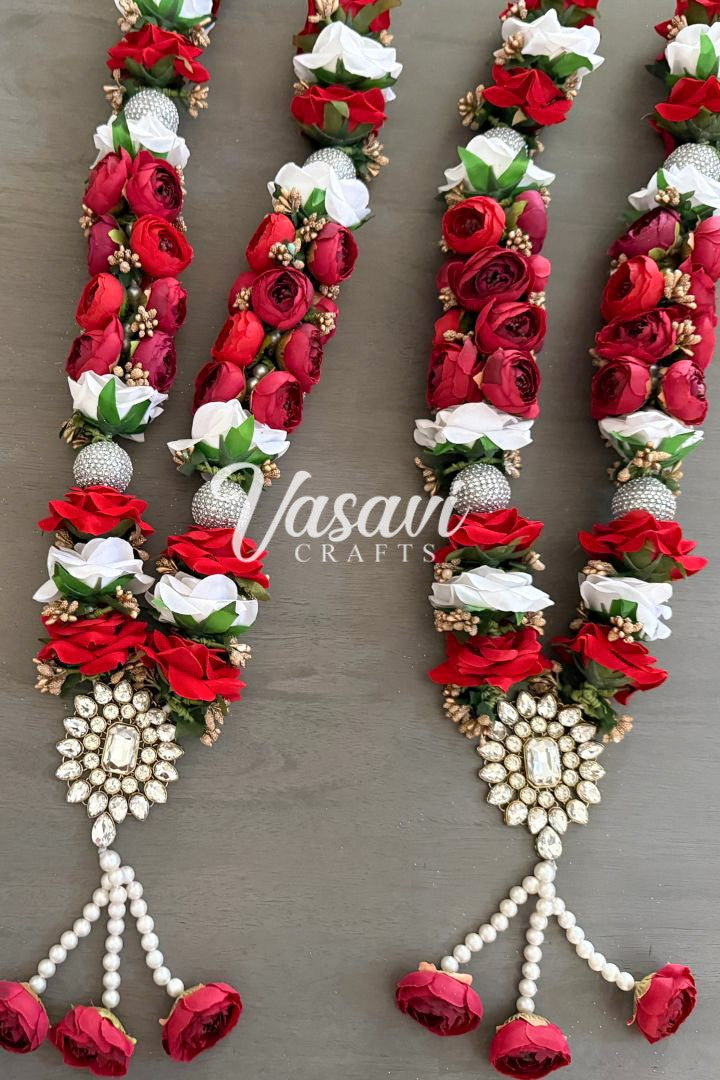 Red Peony, Red and White Rose Flowers Varmala