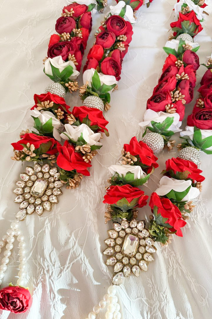 Red Peony, Red and White Rose Flowers Varmala