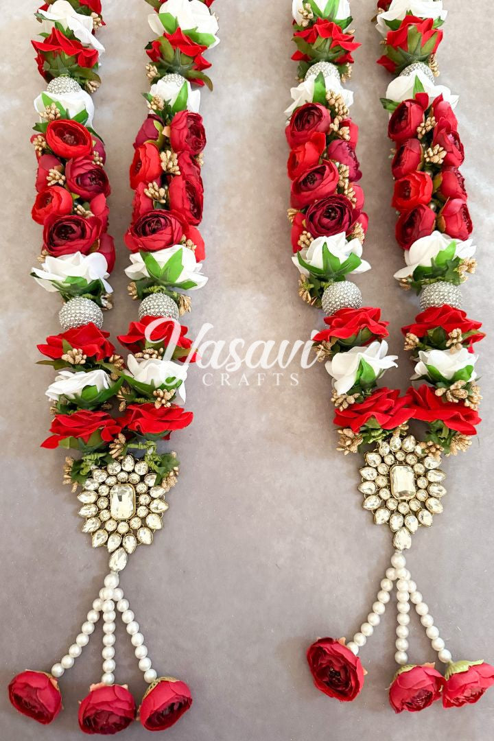 Red Peony, Red and White Rose Flowers Varmala