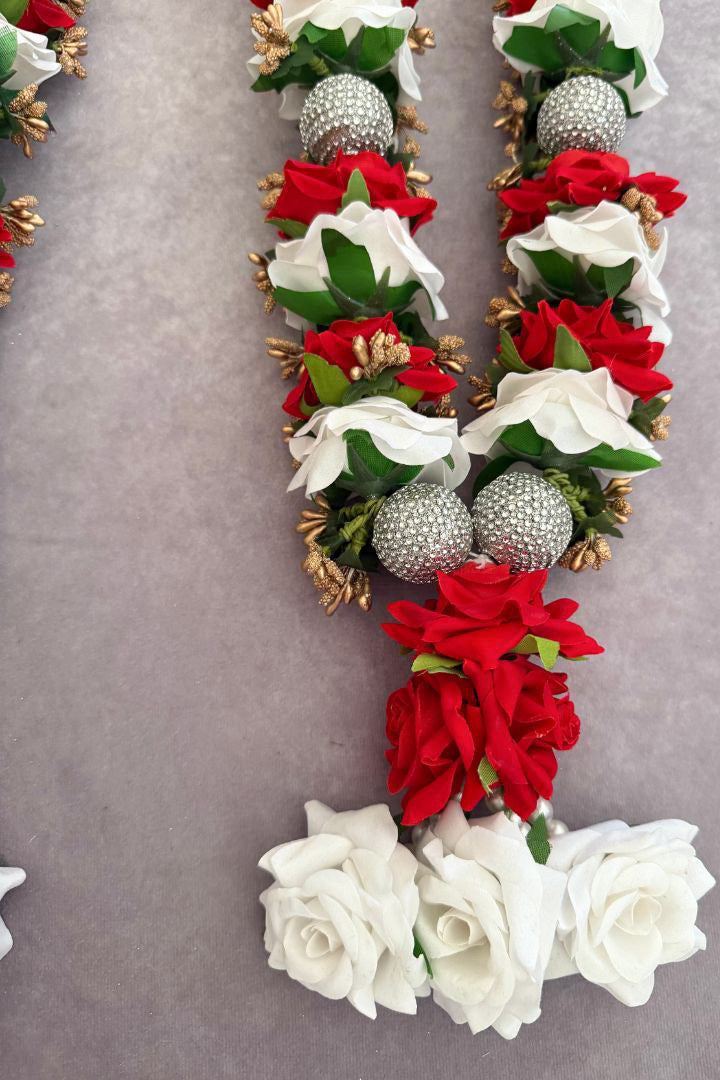 Maroon Red, White Rose Flowers and Gold Baby's Breath Flowers Varmala