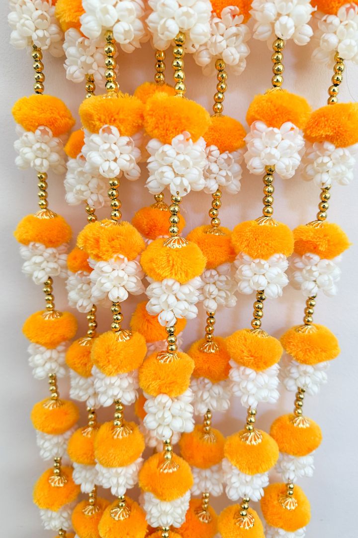 Pack of 20, 40, 50 Mogra/Jasmine Flower Garlands with Yellow  Pom Poms