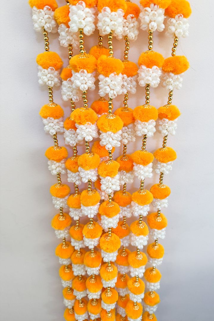 Pack of 20, 40, 50 Mogra/Jasmine Flower Garlands with Yellow  Pom Poms