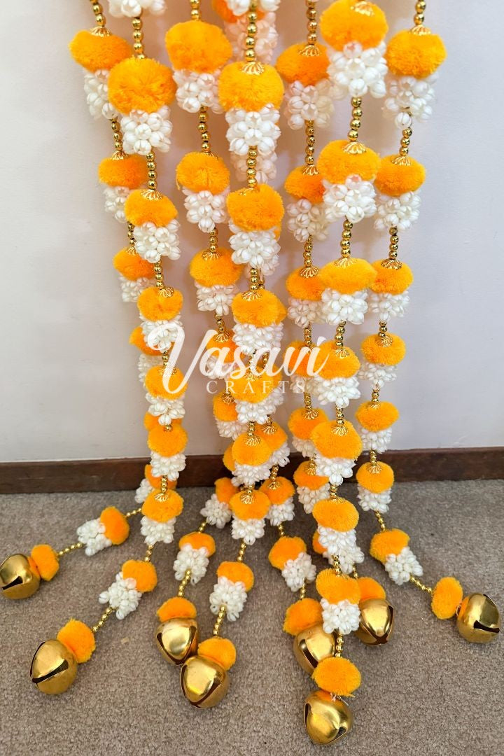 Pack of 20, 40, 50 Mogra/Jasmine Flower Garlands with Yellow  Pom Poms
