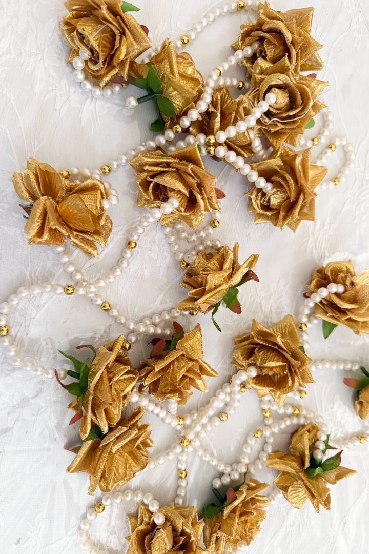Pack of 20, 30, 40, 50, 70, 100 Gold Rose Flower Garlands with Pearls