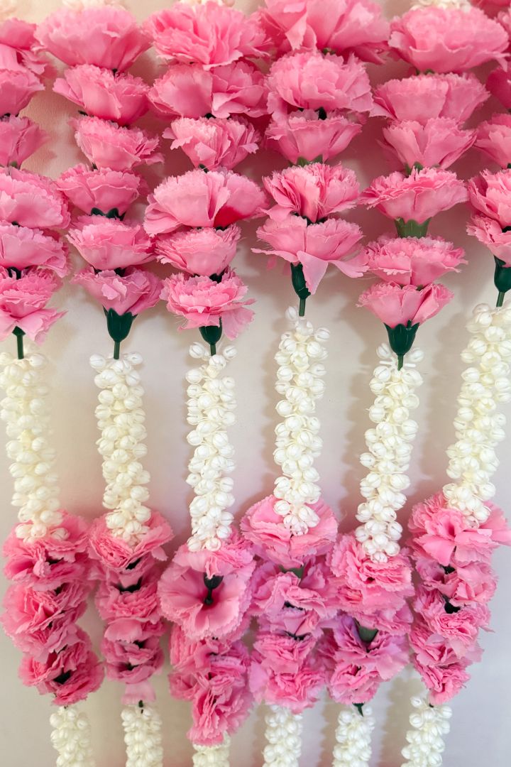 Pack of 6 Mogra/Jasmine Flower Garlands with Pink Carnation Flowers