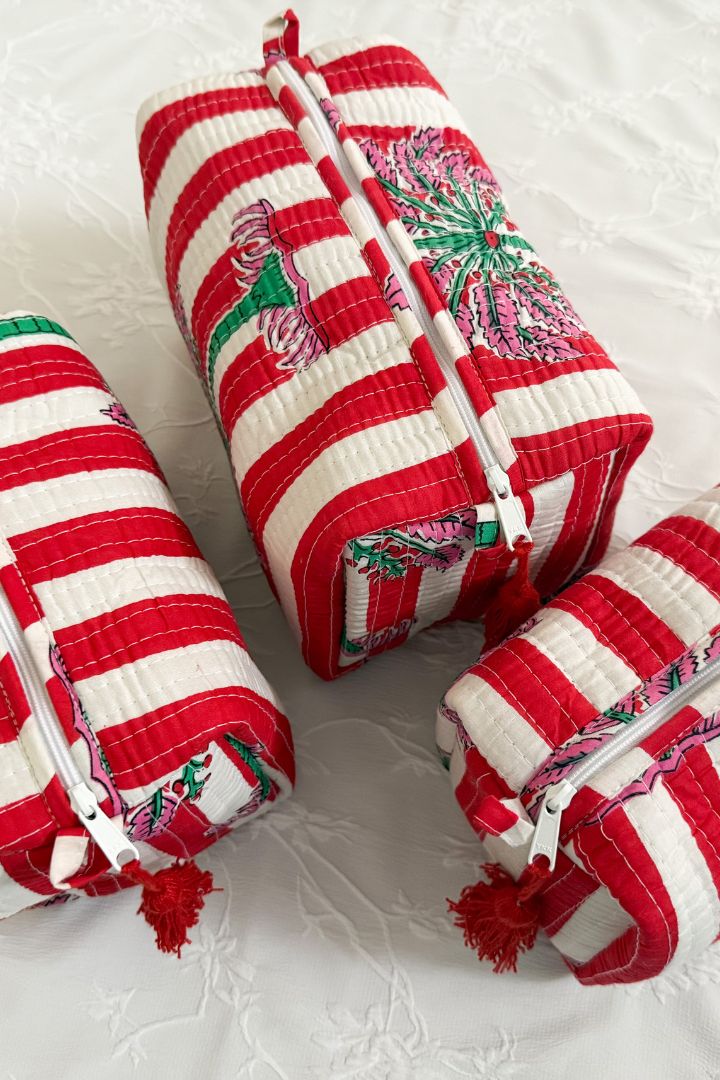 Set of 3 Red Stripes Print Quilted Cotton Cosmetic,Travel, Toiletry Bags