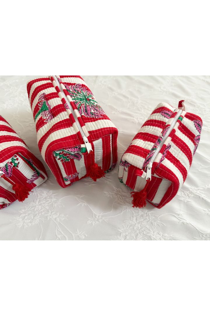 Set of 3 Red Stripes Print Quilted Cotton Cosmetic,Travel, Toiletry Bags