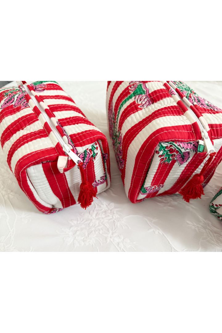 Set of 3 Red Stripes Print Quilted Cotton Cosmetic,Travel, Toiletry Bags