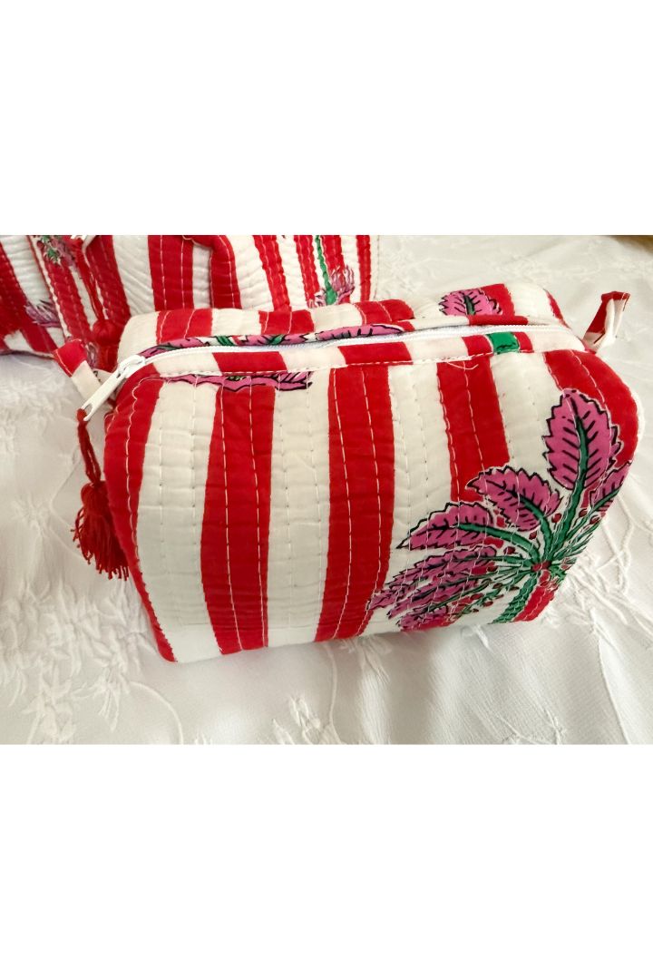 Set of 3 Red Stripes Print Quilted Cotton Cosmetic,Travel, Toiletry Bags