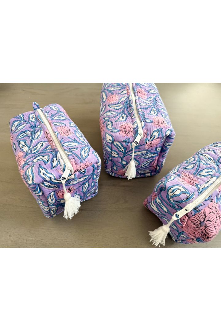 Set of 3 Lavender Floral Print Quilted Cotton Cosmetic,Travel, Toiletry Bags