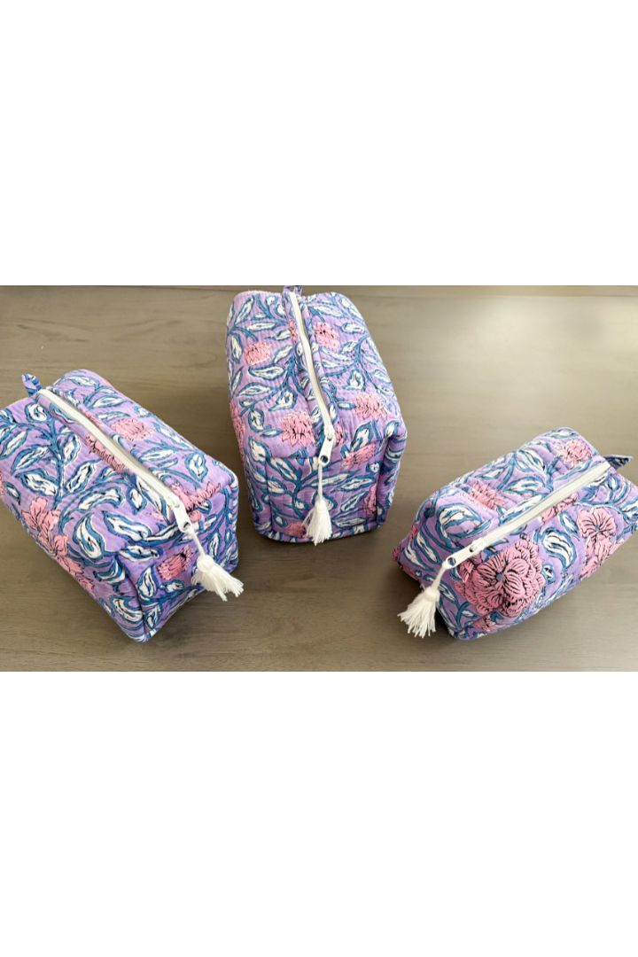 Set of 3 Lavender Floral Print Quilted Cotton Cosmetic,Travel, Toiletry Bags