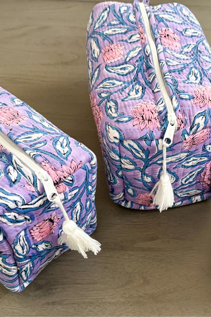 Set of 3 Lavender Floral Print Quilted Cotton Cosmetic,Travel, Toiletry Bags