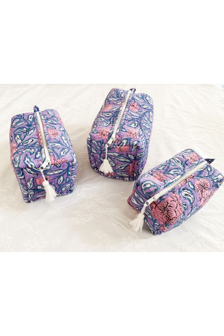 Set of 3 Lavender Floral Print Quilted Cotton Cosmetic,Travel, Toiletry Bags