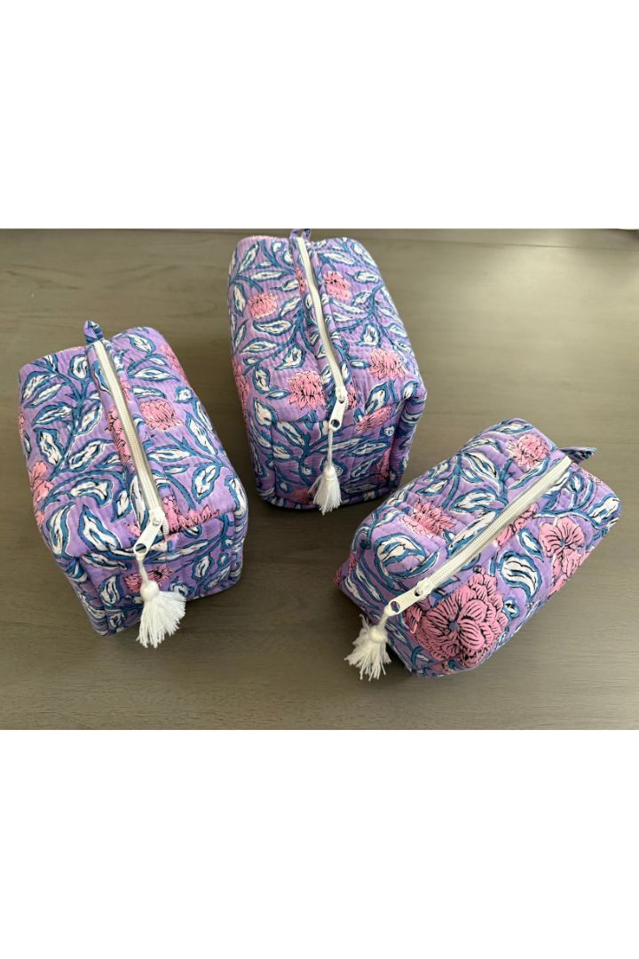 Set of 3 Lavender Floral Print Quilted Cotton Cosmetic,Travel, Toiletry Bags