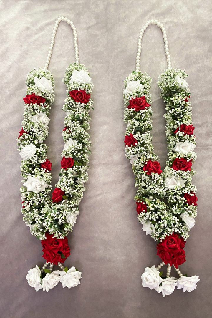 Baby's Breath Flower Varmala with Maroon and White Roses