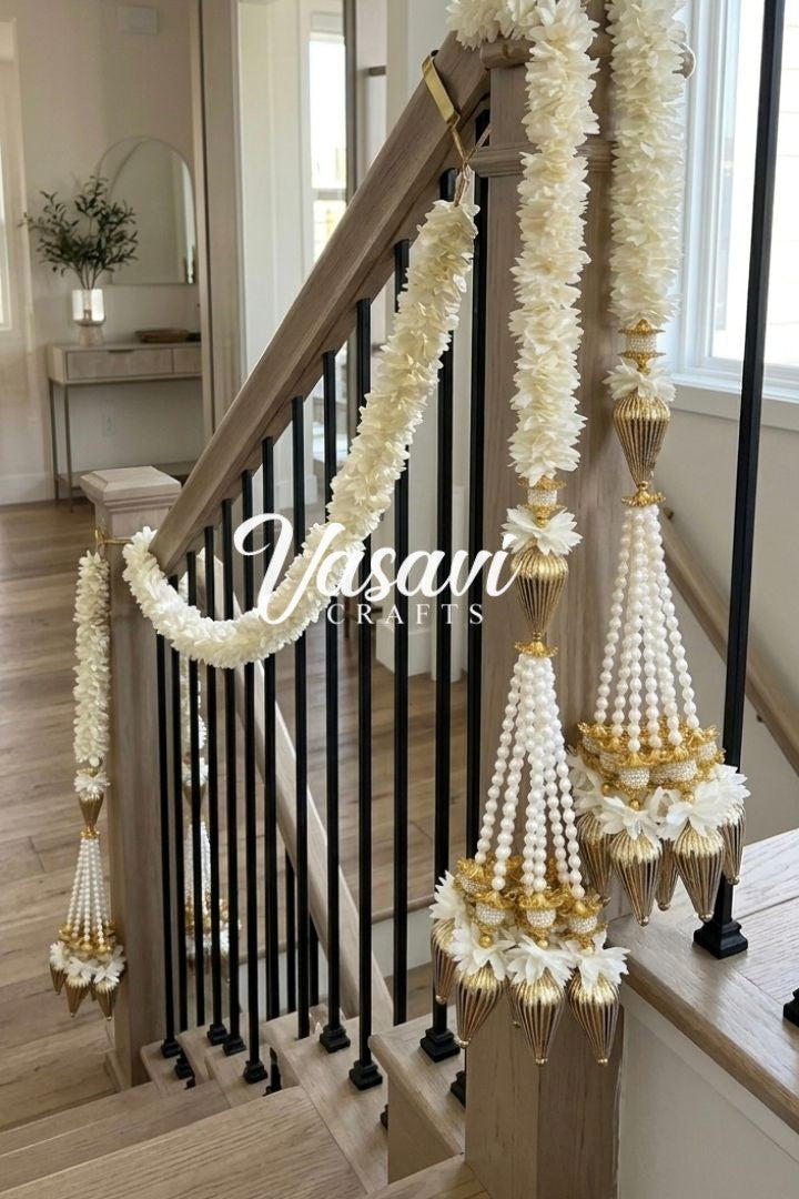 Pack of 12,20,30,40,50,70,100,150 Ivory Flower Garlands with Gold Drops Bunch