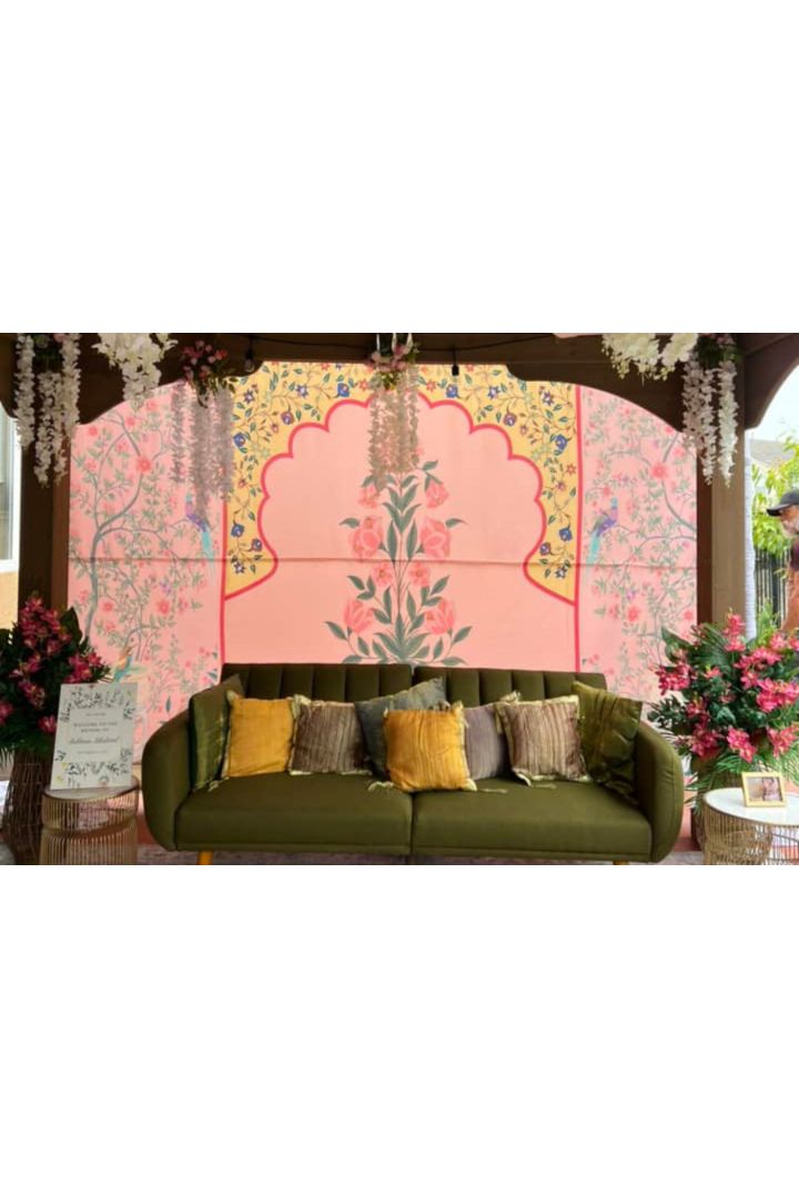 Custom Made Pink Printed Backdrop for Indian Weddings, Mehndi Ceremony