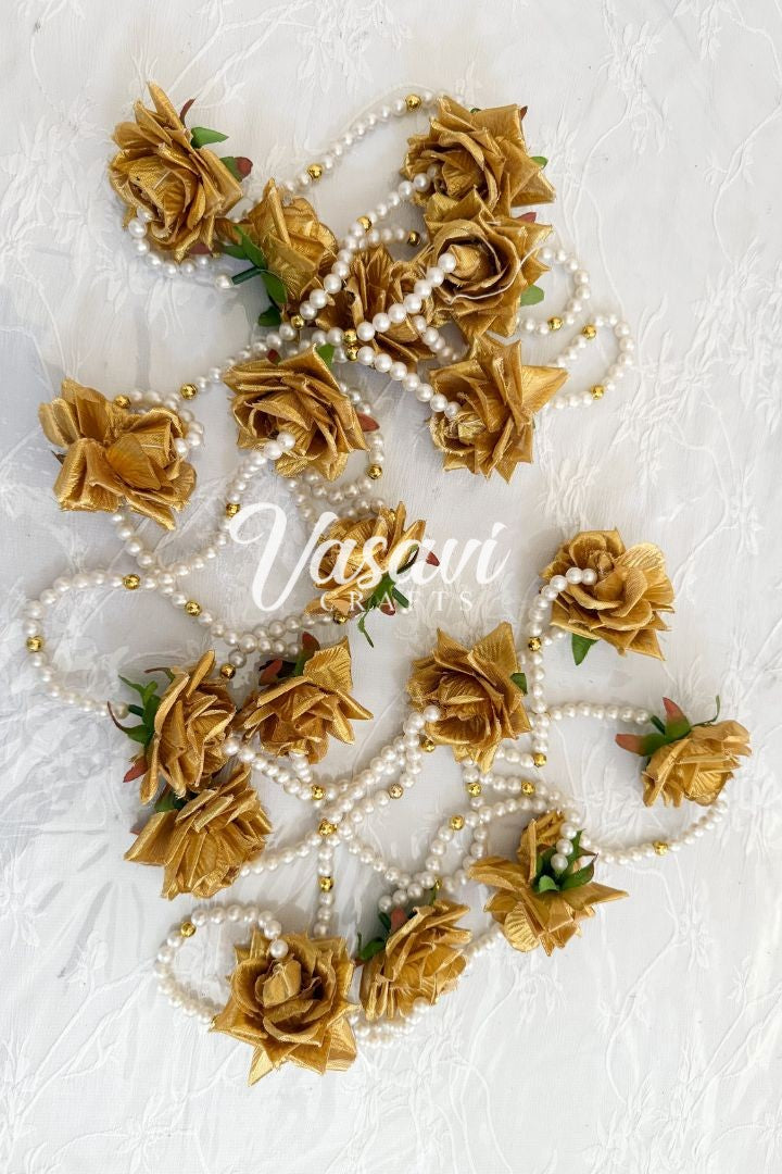 Pack of 20, 30, 40, 50, 70, 100 Gold Rose Flower Garlands with Pearls