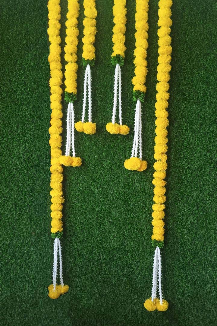 Set of 6, 12, 18, 24 Marigold Flower Hangings with Tuberose Bunch
