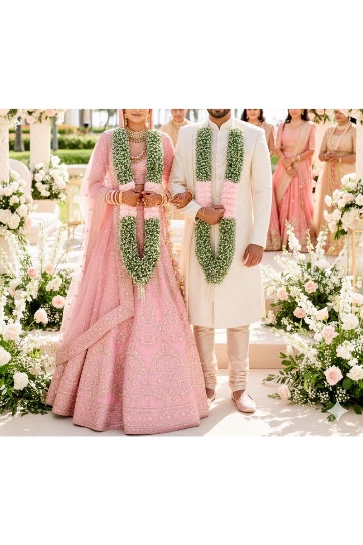 Baby Breath Flower Wedding Varmala with Pink flowers