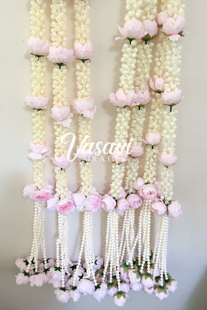 Pack of 10 Pink Mogra Flower Garlands with Peony Flower Bunch