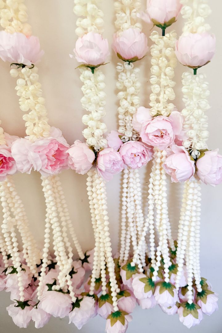 Pack of 10 Pink Mogra Flower Garlands with Peony Flower Bunch