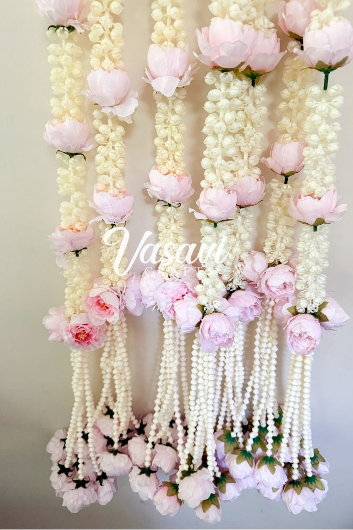 Pack of 10 Pink Mogra Flower Garlands with Peony Flower Bunch