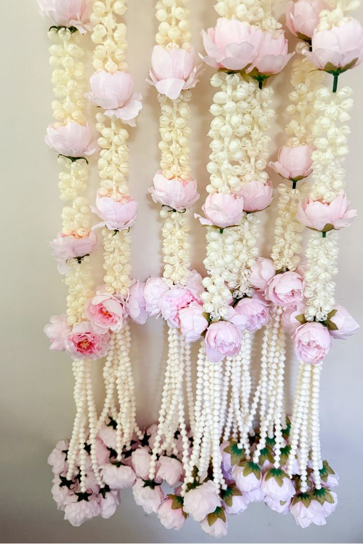 Pack of 10 Pink Mogra Flower Garlands with Peony Flower Bunch