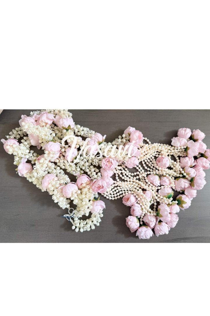 Pack of 10 Pink Mogra Flower Garlands with Peony Flower Bunch