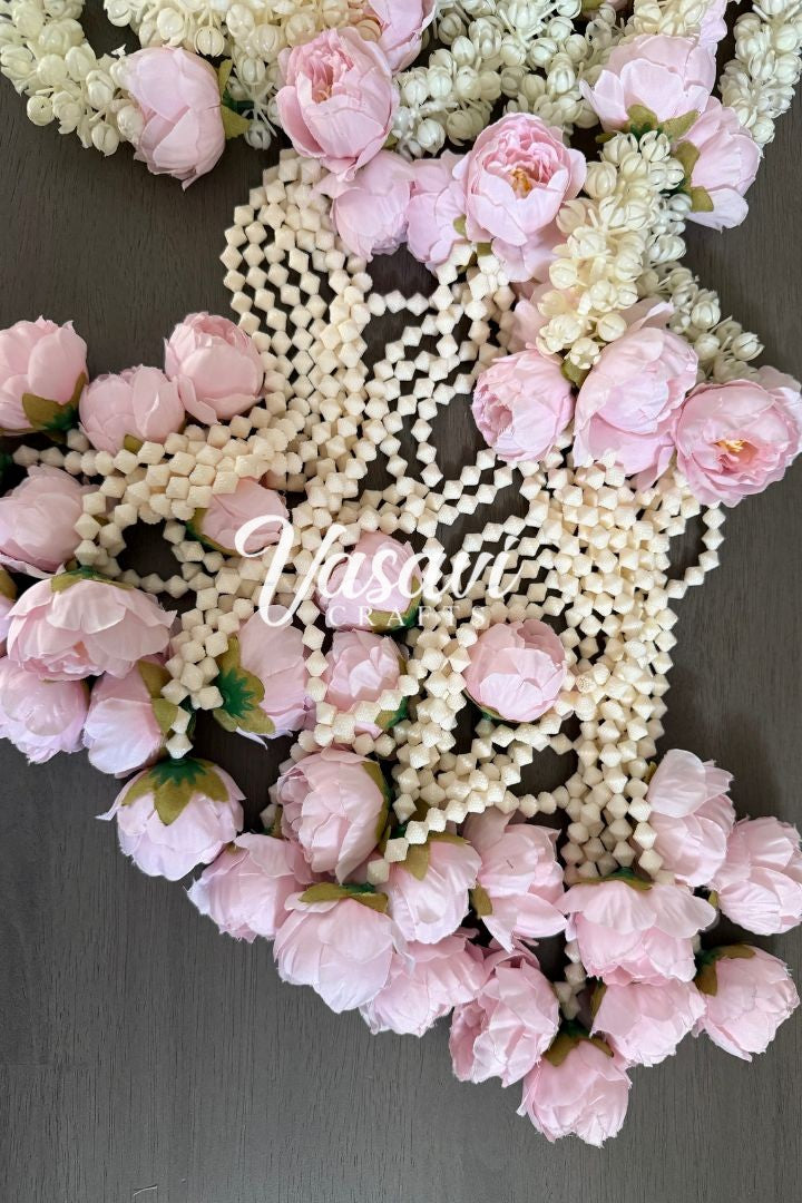 Pack of 10 Pink Mogra Flower Garlands with Peony Flower Bunch