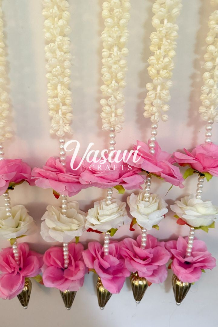 Pack of 10 Pink, Ivory Mogra/Jasmine Hanging with Roses
