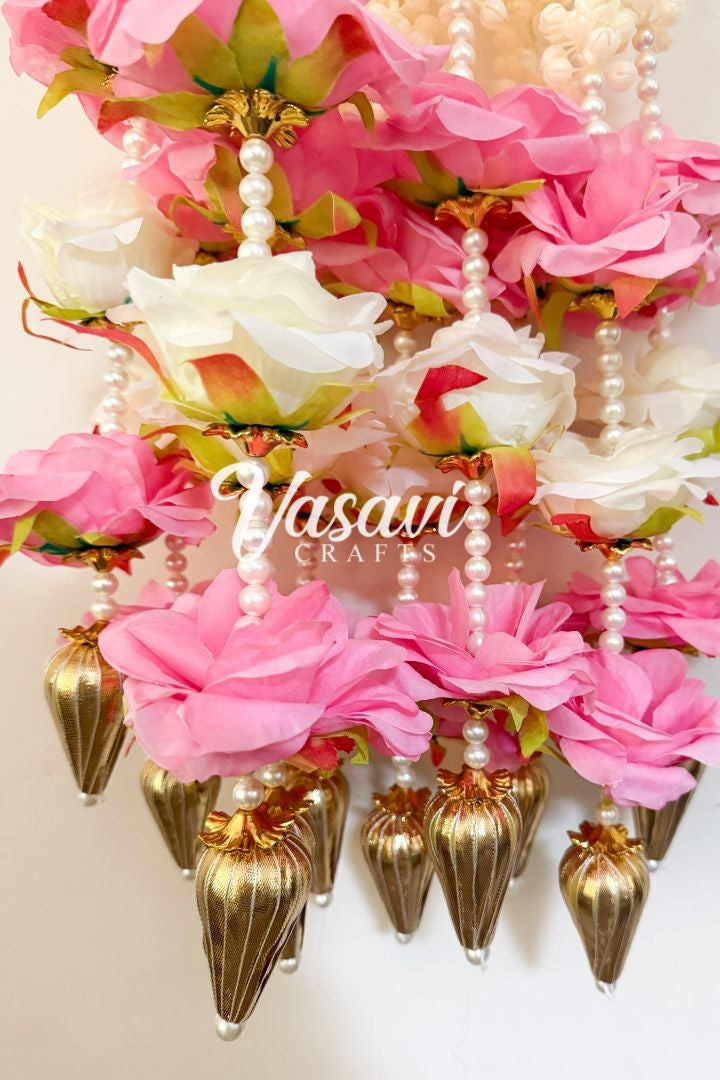 Pack of 10 Pink, Ivory Mogra/Jasmine Hanging with Roses