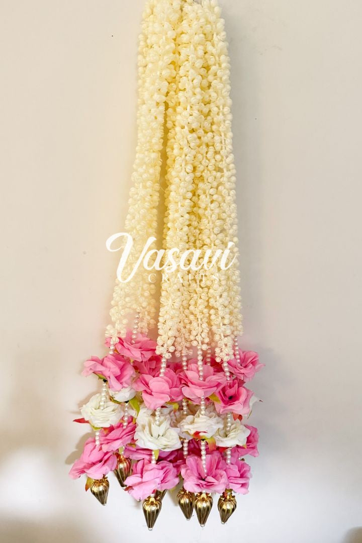 Pack of 10 Pink, Ivory Mogra/Jasmine Hanging with Roses