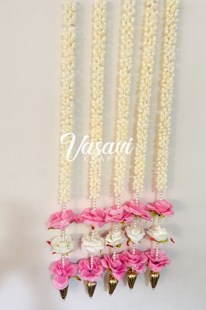 Pack of 10 Pink, Ivory Mogra/Jasmine Hanging with Roses