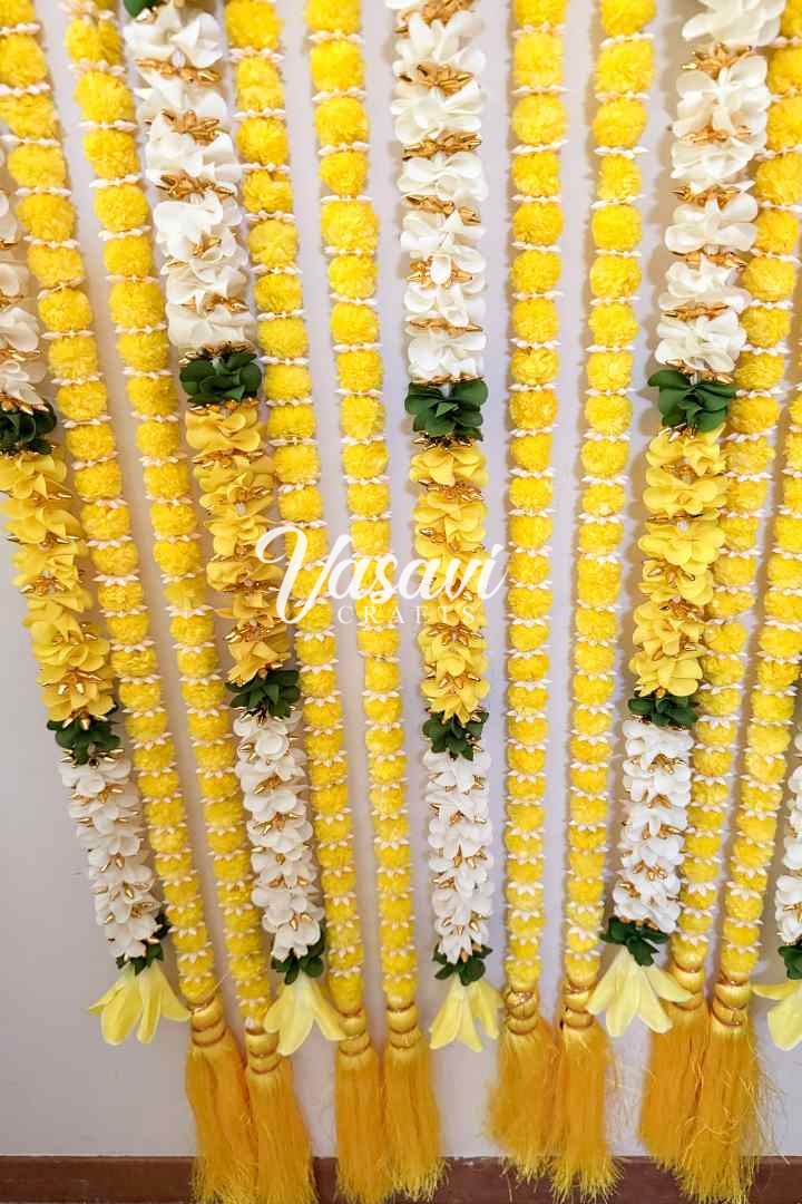 Set of 16 Marigold Flower Garlands and Multicolor Fabric Flower Garlands