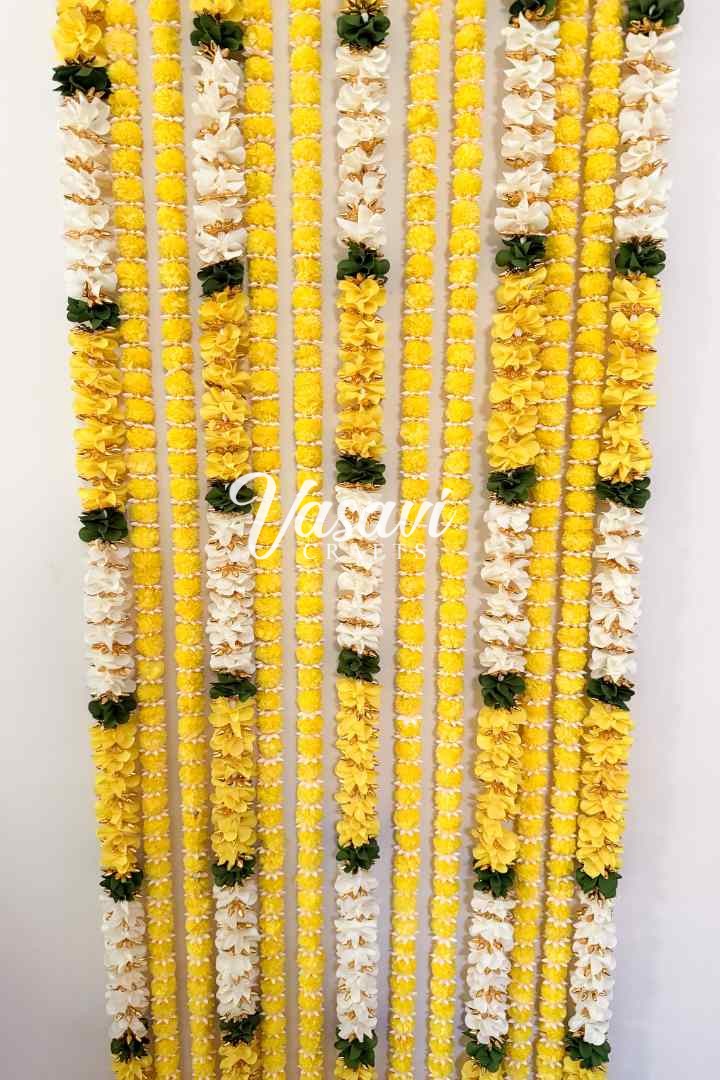 Set of 16 Marigold Flower Garlands and Multicolor Fabric Flower Garlands