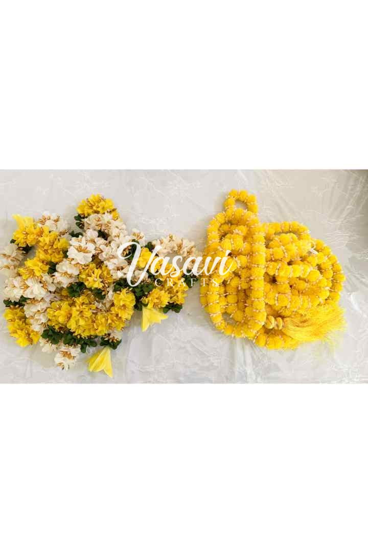 Set of 16 Marigold Flower Garlands and Multicolor Fabric Flower Garlands